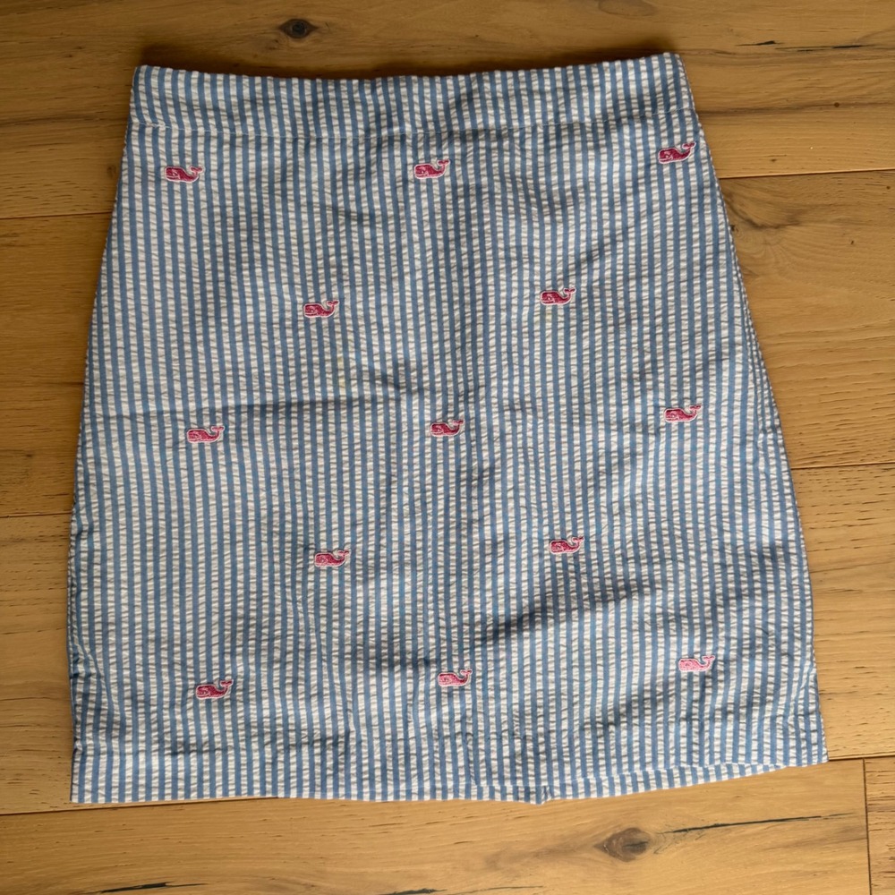 Vineyard Vines - Blue & White Seersucker Skirt - Pink Whale - Girls M (10-12)